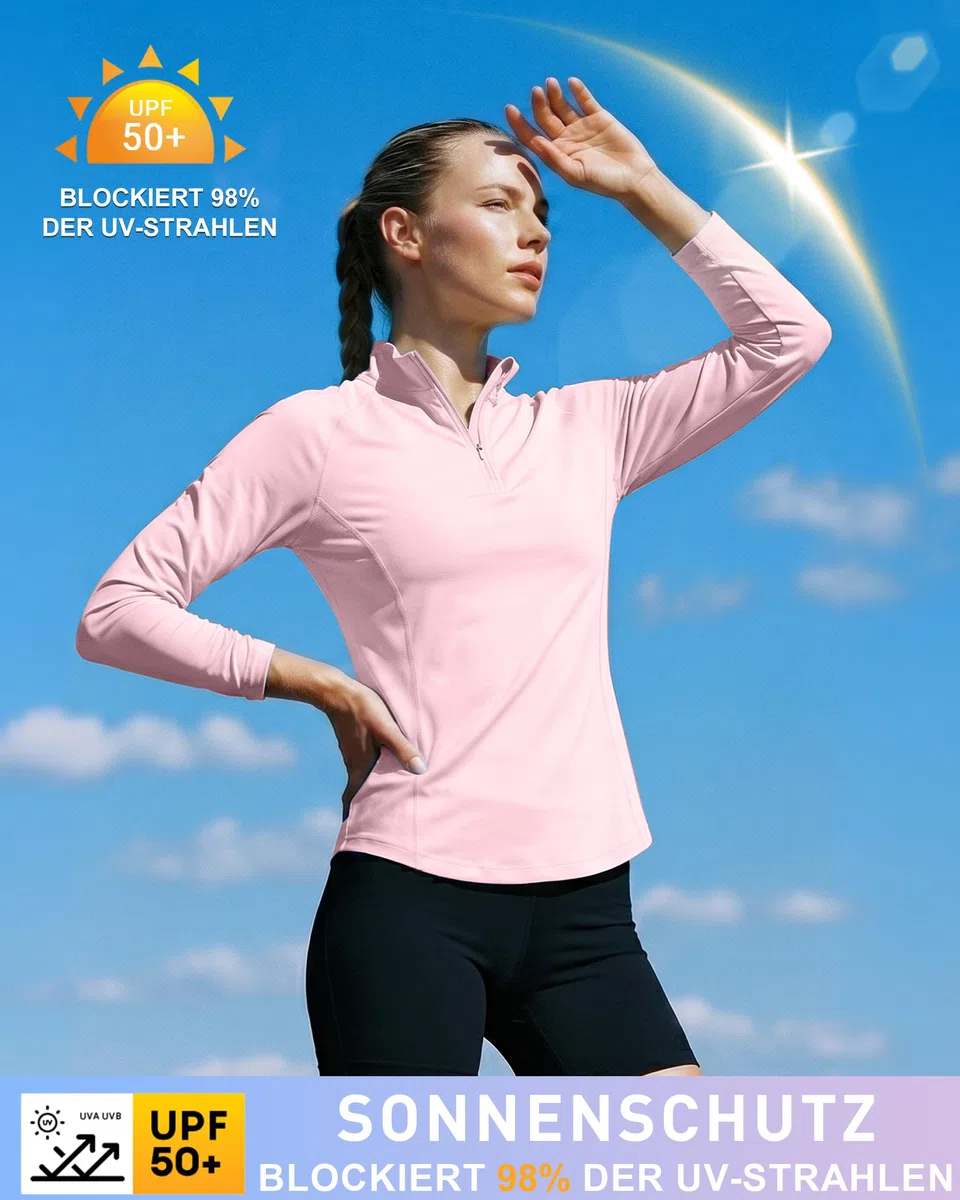 Damen UV-Schutz Shirt Langarm, UPF 50+ Sonnenschutz mit 1/4 Reißverschluss, Schnelltrocknend für Wandern Laufen Golf