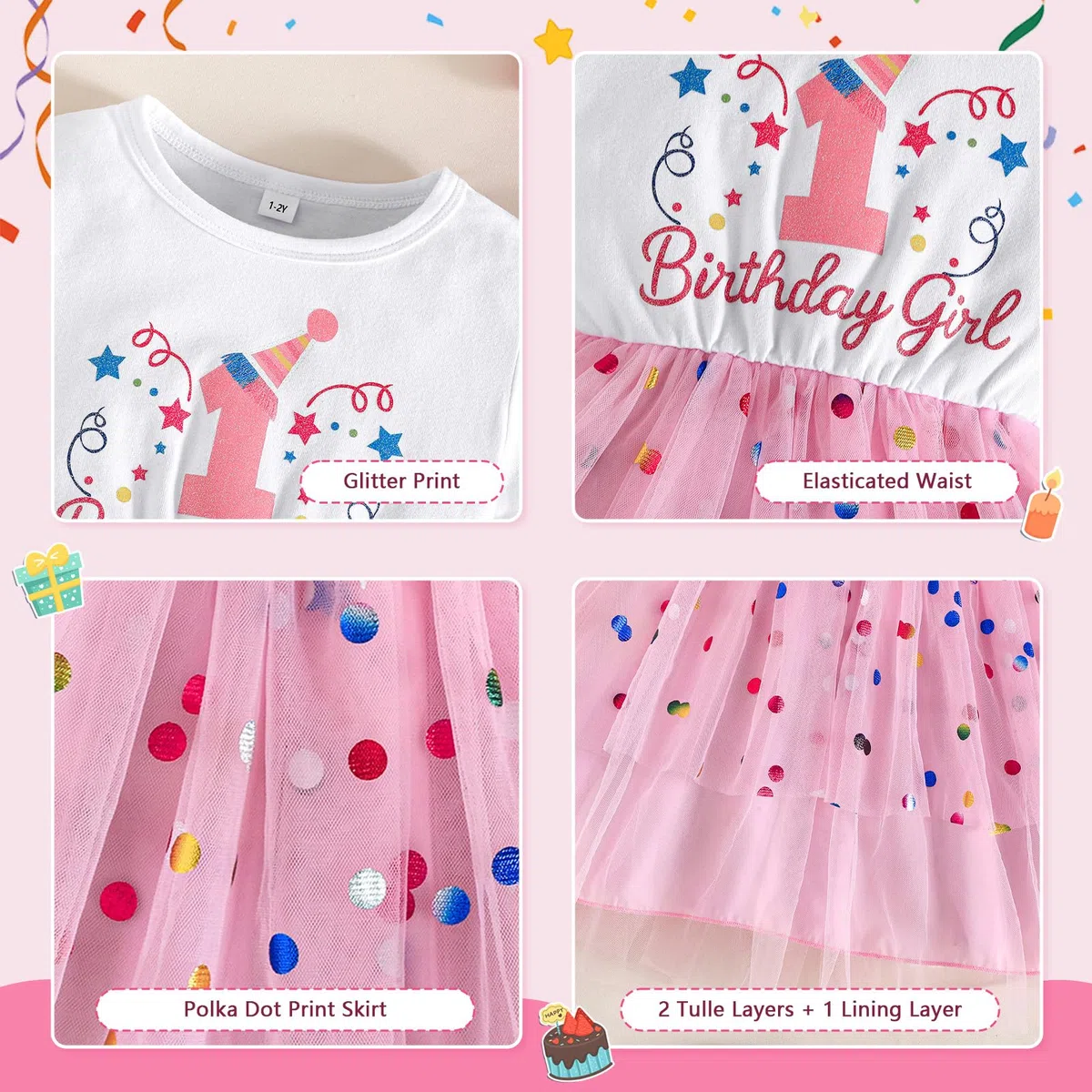 Baby Mädchen Geburtstags Outfit Glitzer Birthday Girl Bodykleid mit gepunktetem Tüllrock Cake Smash Outfit für Fotos