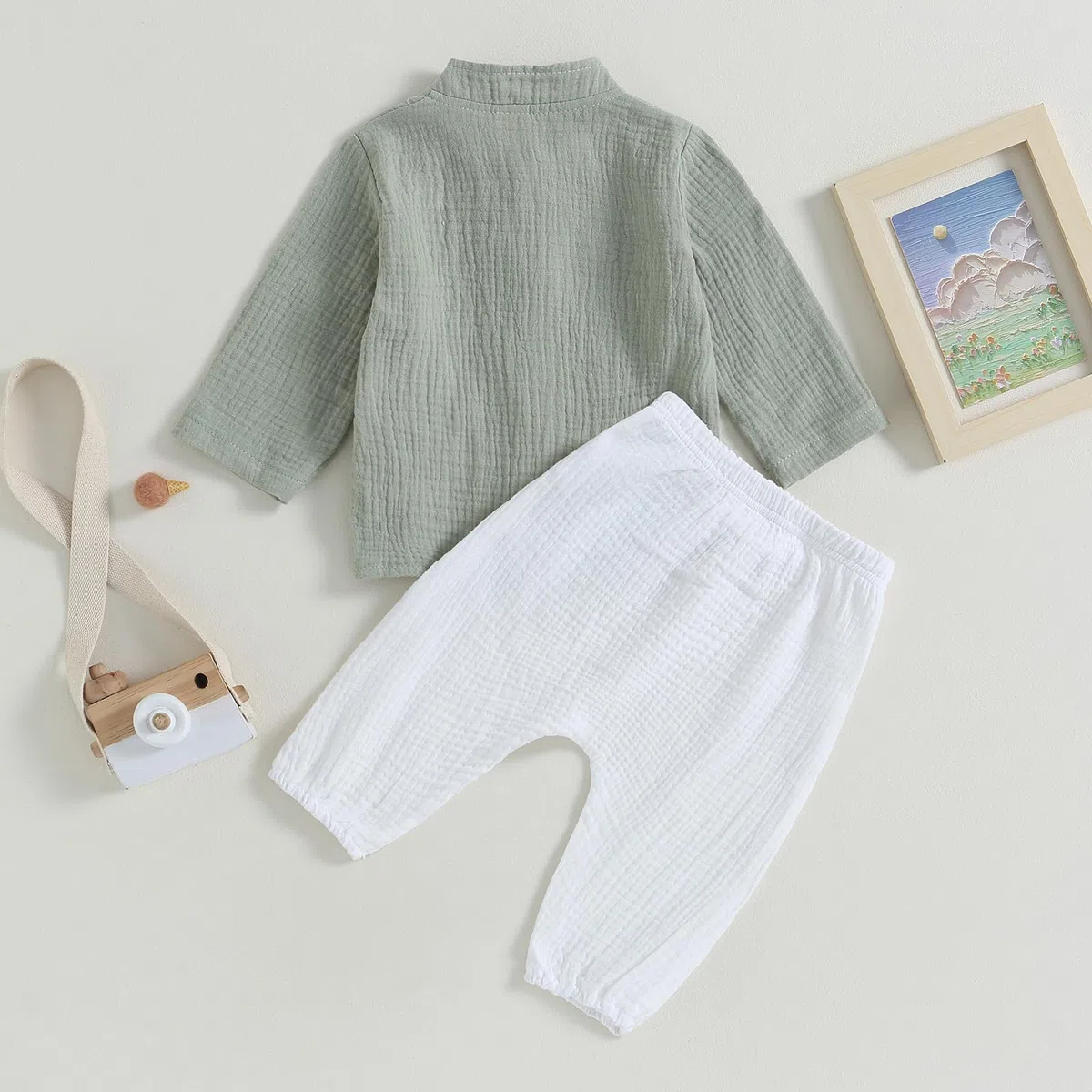 Yassiglia Baby Jungen Baumwolle Zweiteiler Outfit Weiches Musselin Kleidung Set Bequeme Bekleidungssets für Kleinkind Langarm Stehkragen Hemd + Hose