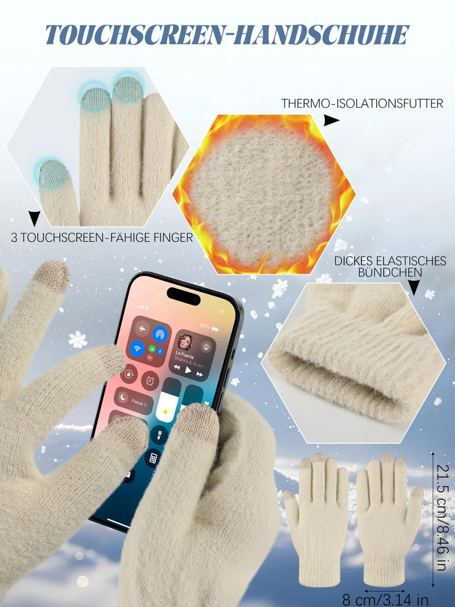 VZV Wintermütze, Schal, Handschuhe-Set: Warme Kashmir-Strickmütze, Damen Langer Schal, Touchscreen-Winterhandschuhe, Geschenke für Frauen