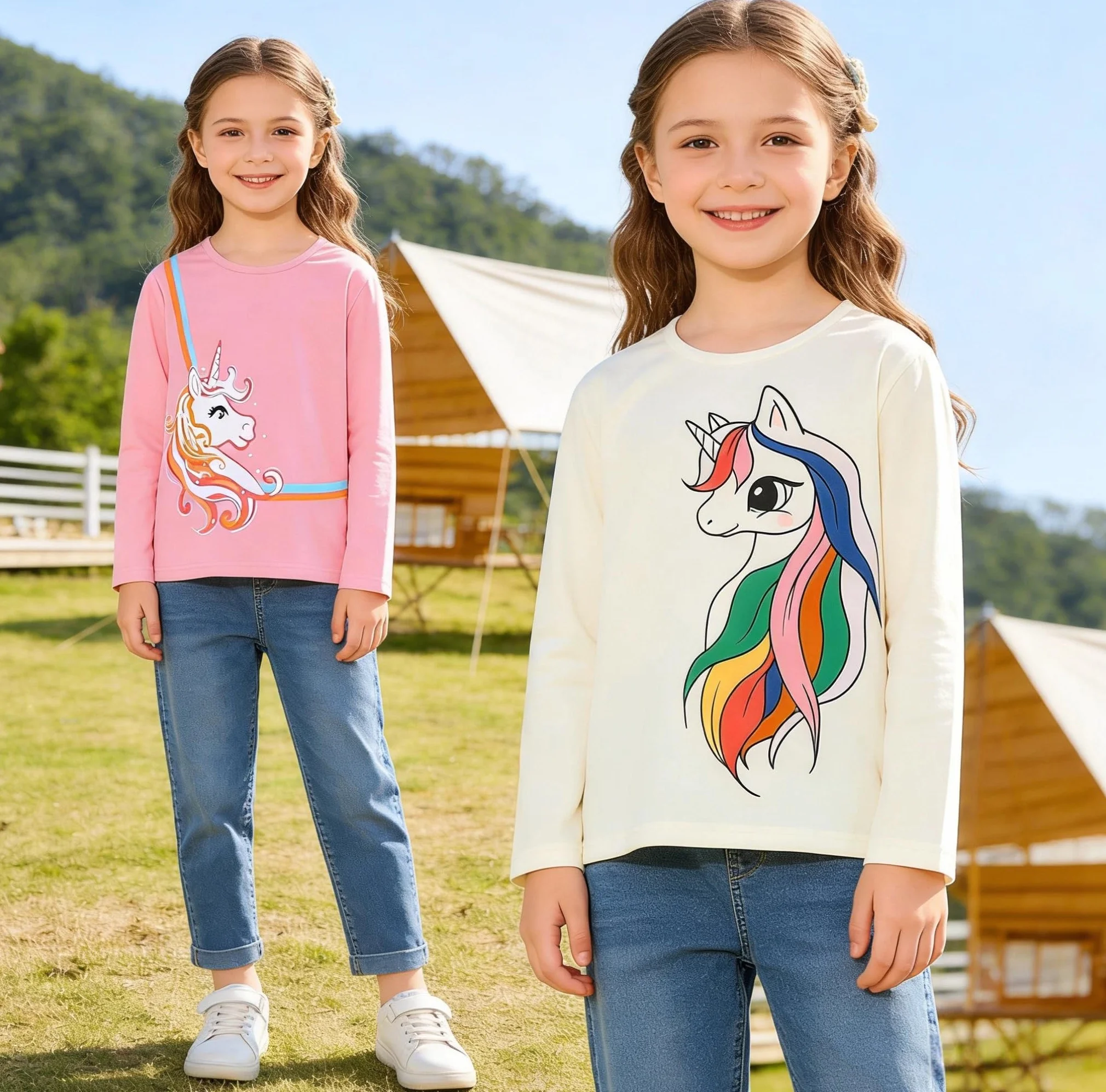 Langarmshirt Mädchen Baumwolle Longsleeve Kinder Mädchen Einhorn Häschen Rundhals Langarm Tops 2er Pack für Kinder 3-8 Jahre Größe 98 104 110 116 122 128