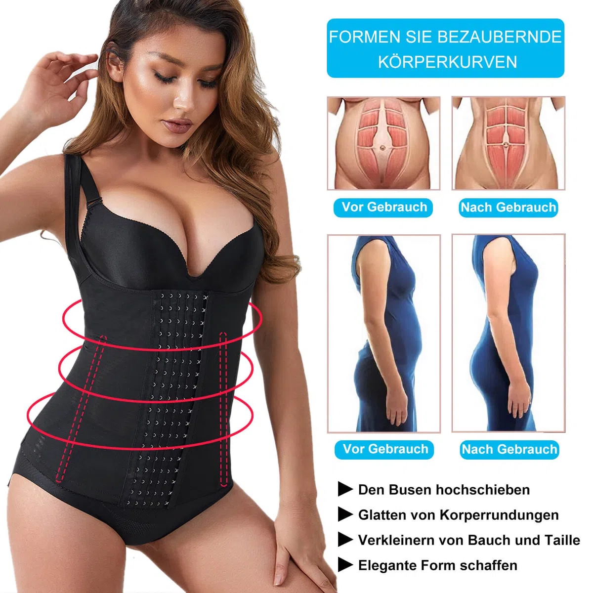 Korsett Damen Bauchweg, Waist Trainer, Bauchgurt Nach Geburt, Corsage Damen Shapewear, Unterbrust Korsett mit Trägern, Corset optimiert den Bereich um Taille, Hüfte und Bauch sichtbar