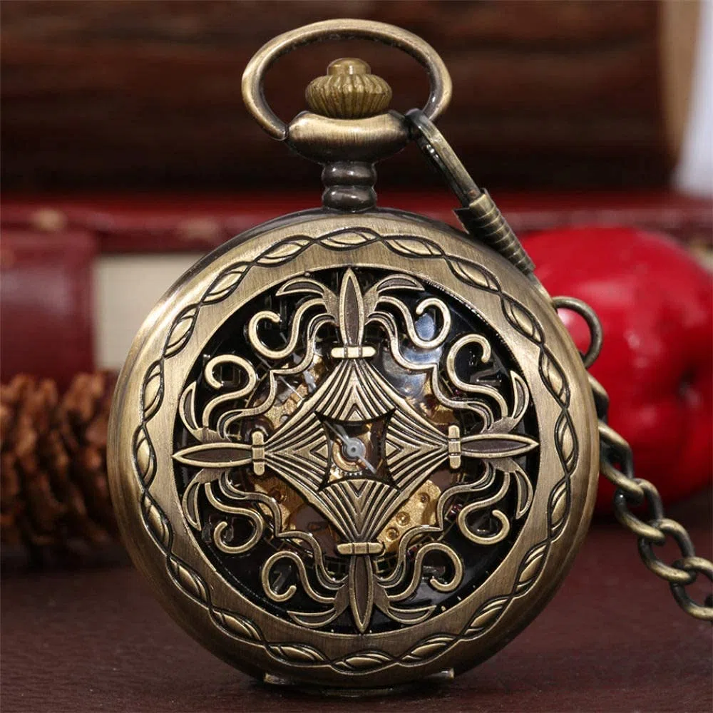 Taschenuhr, bronzefarbene, Hohle, mechanische Taschenuhr mit Handaufzug, antike Taschenuhr, Klassische, antike Taschenuhr mit Anhängerkette
