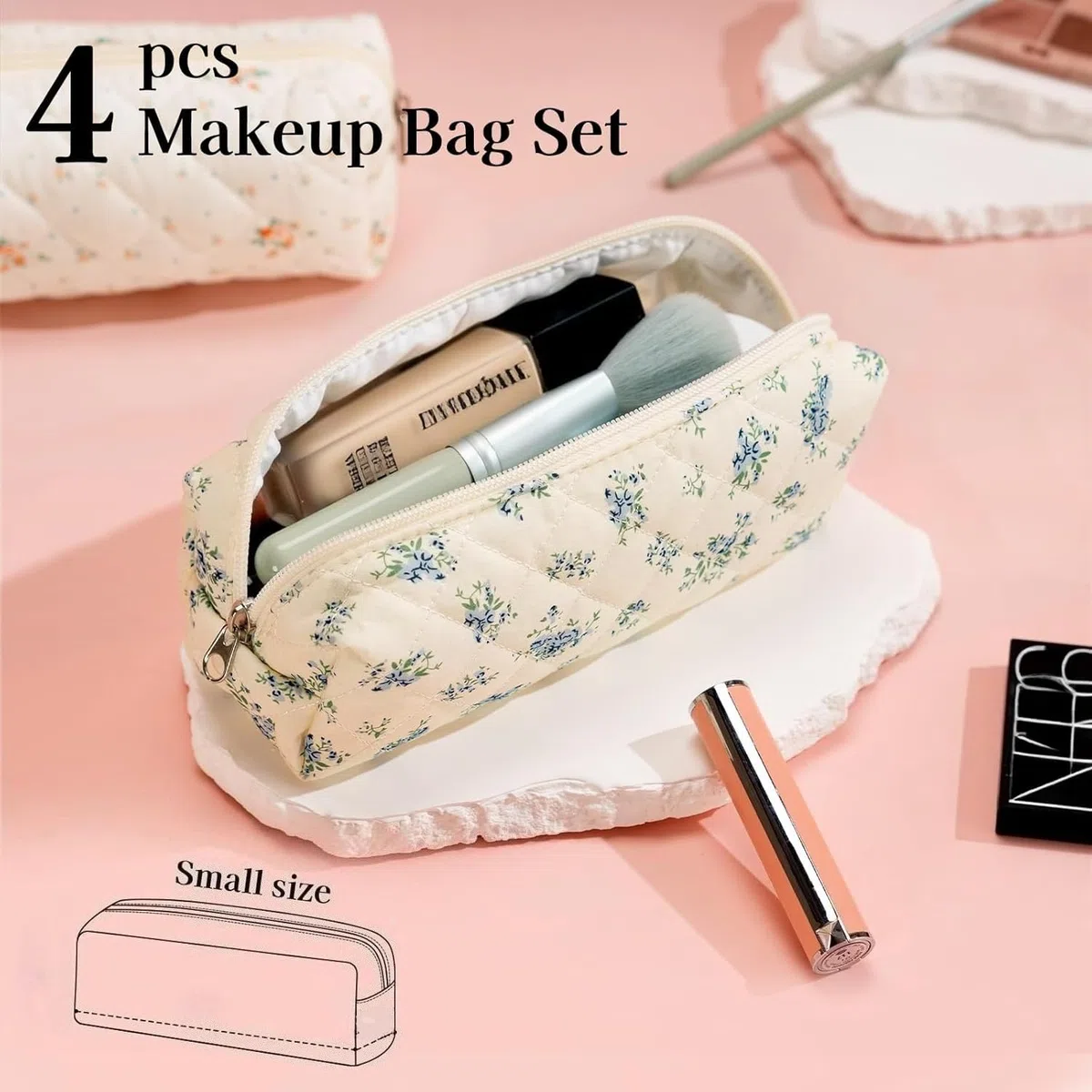4er Set Kosmetiktasche Blumen MäDchen,Kulturtasche Damen,Gesteppte Make Up Tasche,Baumwolle Kulturbeutel Set,Coquette Make Up Bag Aesthetic Stuff Clean Girl,Cosmetic Bag