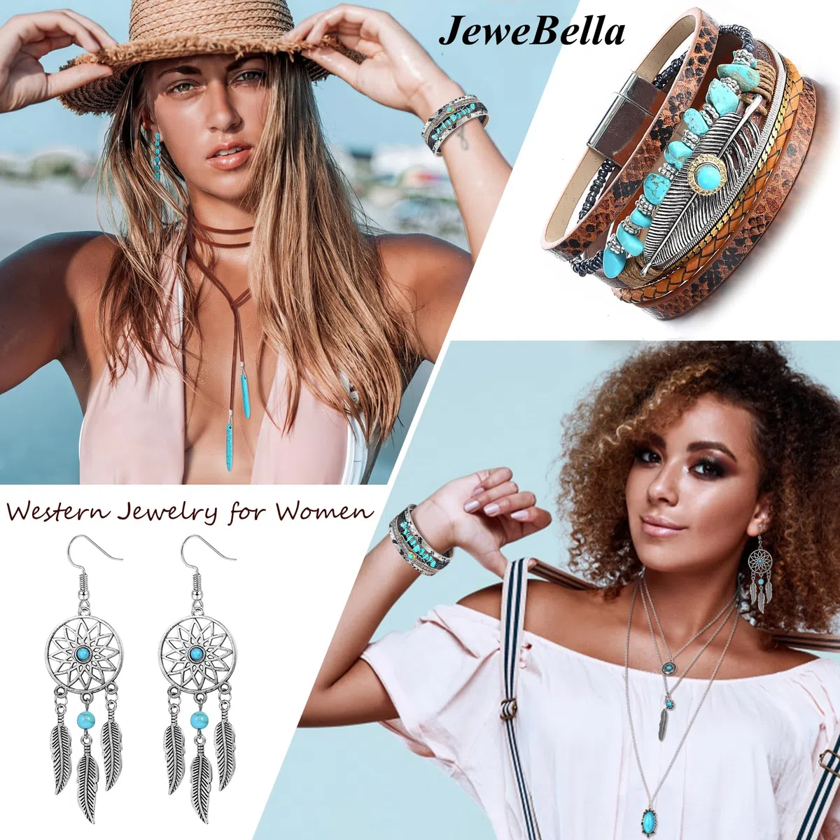 JeweBella Bohemian Türkis Schmuck für Damen Böhmisches Türkis Anhänger Choker Halskette Türkis Feder Dangle Ohrringe Boho Leder Perlen Armband Türkis Stapelbare Knuckle Ringe Western Schmuck Set