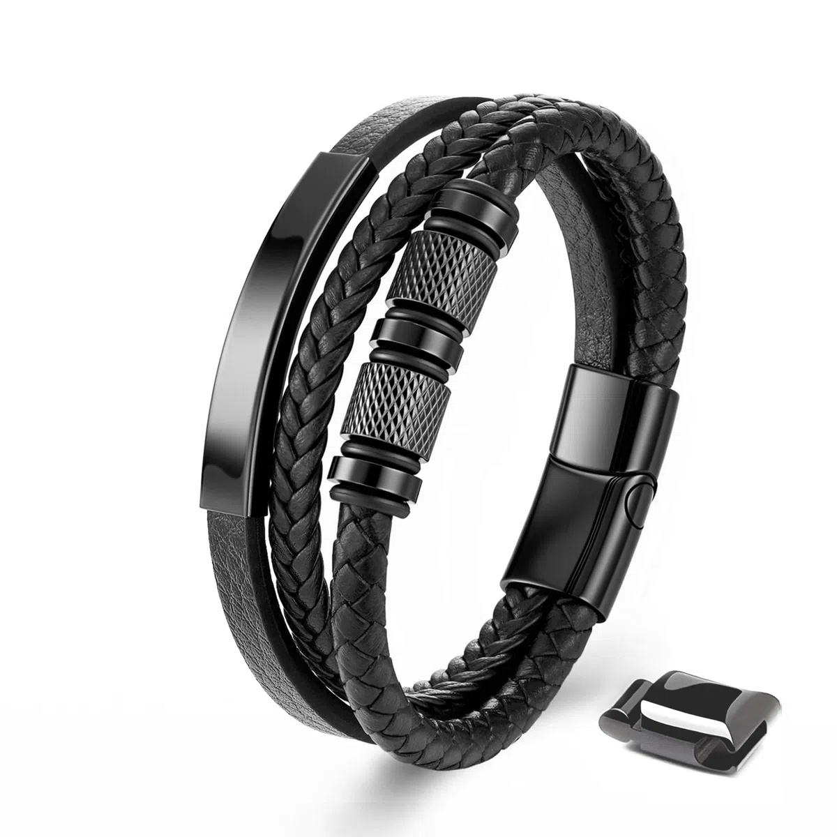 Armband Herren - Lederarmband - Edelstahl-Magnetschließe Armband - Geflochtenes Lederarmband - Armbänder für Herren als Geschenk für Geburtstag, Valentinstag, Weihnachten oder Vatertag Schwarz