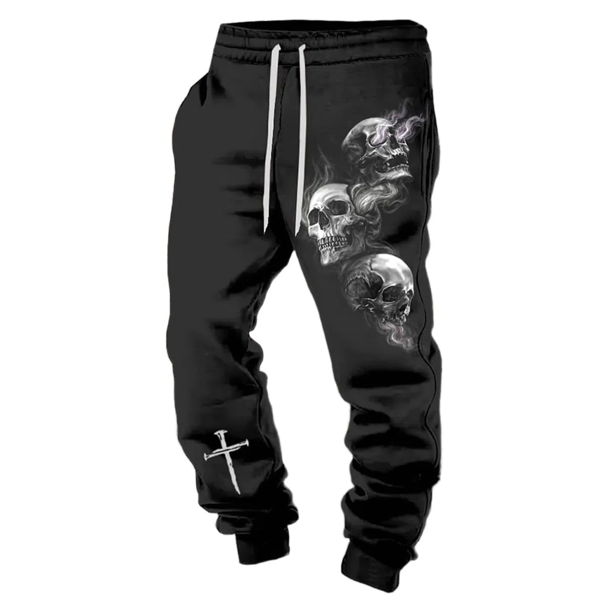 Generisch Herren Jogginghose mit Totenkopf-Motiv - Freizeithose mit rauchenden Schädeln und Kreuz im 3D-Druck | Düstere Gothic- und Biker-Hose für Männer