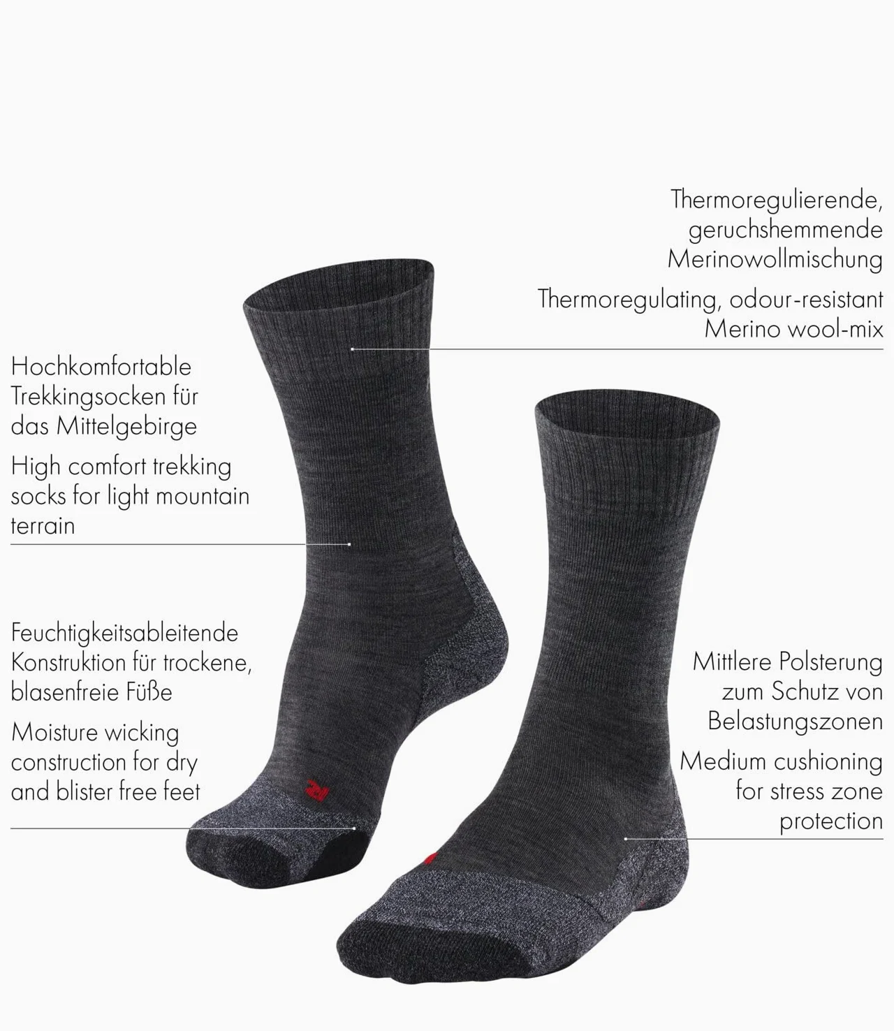 FALKE Herren TK2 Wandersocken atmungsaktive schnelltrocknende klimaregulierende geruchshemmende Wolle Funktionsmaterial mittelstarke Polsterung antiblasen lang warm Trekkingsocken 1 Paar