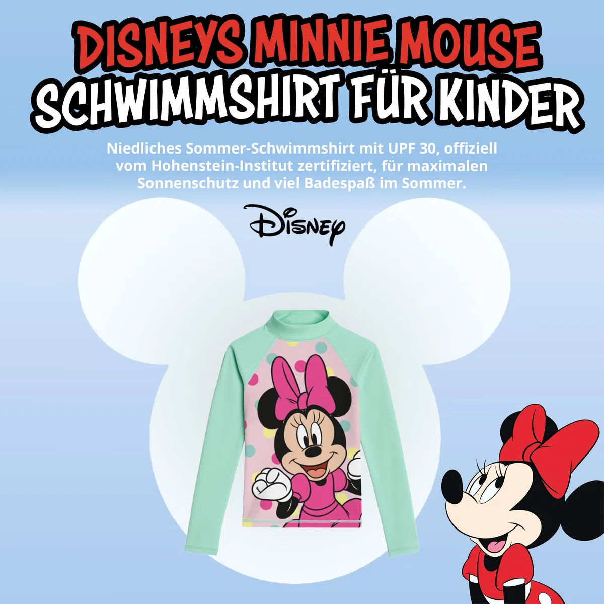 United Labels Disney Minnie Mouse Schwimmshirt UV Schutz 30 für Mädchen, Grün Rosa, Badeshirt Langarm, Bademode Kinder, Badebekleidung