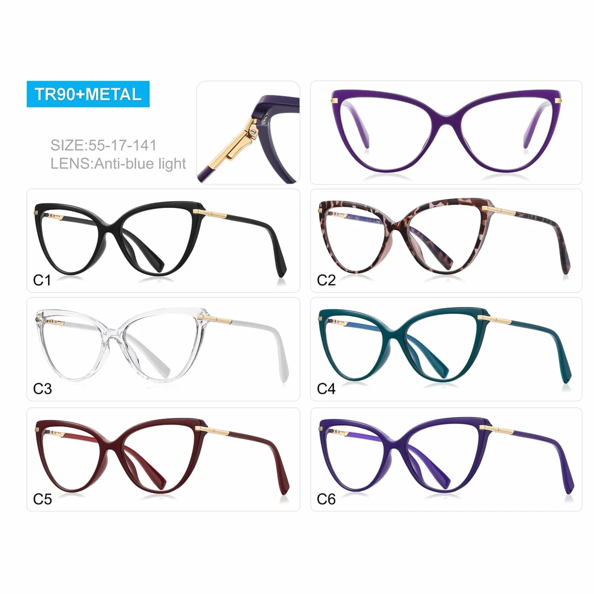 Blue Light Blocking Glasses Women Fashion Eyeglasses Cat Eye Glasses Frame TR90 Eyewear Half Metal