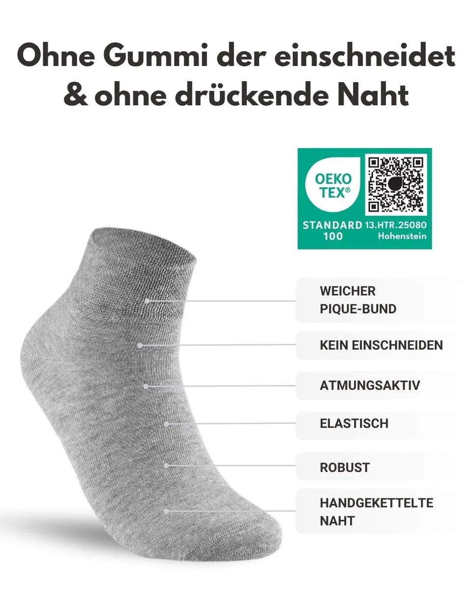 sockenkauf24 10 Paar kurze Diabetikersocken für Herren & Damen ohne Gummibund & ohne Naht Quarter Diabetiker Socken Kurzschaft mit Komfortbund ohne Gummi