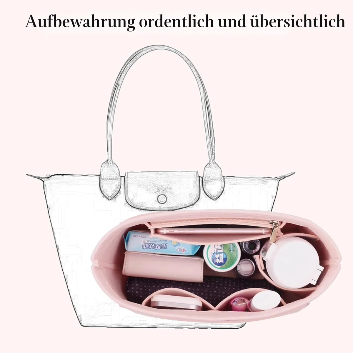 D.DUO Tascheneinsatz-Organizer, Geldbörsenzubehör,Passend Für Longchamp Tragetasche mit langem Griff (Beige,L(langer Griff))