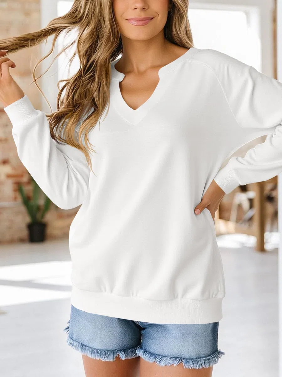 Tankaneo Sweatshirt Damen V Ausschnitt Pullover Leicht Elegant Langarmshirts Casual Baumwoll Oberteil Sexy Locker Pulli Basic Top Einfarbig