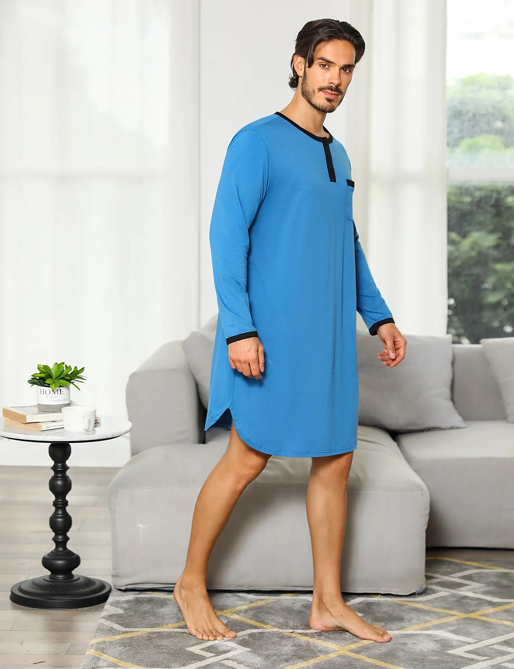 Uniexcosm Nachthemd Herren Langarm Einteiler Schlafshirt Rundhals Einteiliger Schlafanzugoberteile Pyjama Tops Bequem Nachtwäsche Sleepshirt mit Knopfleiste und Brusttasche