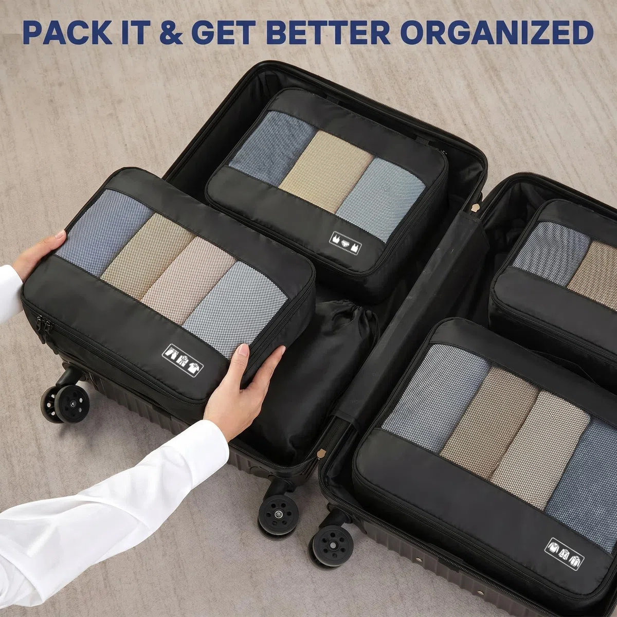 MURISE Koffer Organizer 8 Stück, Packing Cubes für Urlaub und Reisen, Packwürfel Packtaschen für Koffer, mit Schuhtasche Kosmetiktasche, Ordnungssystem, Travel Essentials, Schwarz