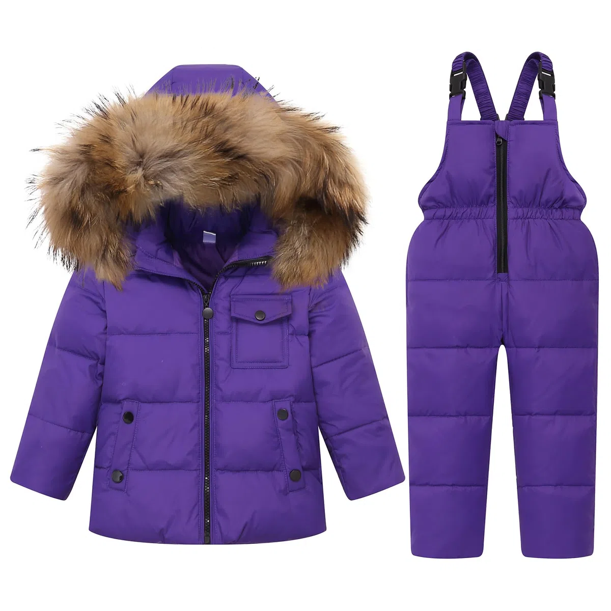 Kinder Schneeanzug Daunenjacke mit Kaputze + Schneelatzhose, Winter Bekleidungsset Jungen Mädchen Winterjacke und Daunenhose 2pcs Outfit Set, Violett 2-3 Jahre