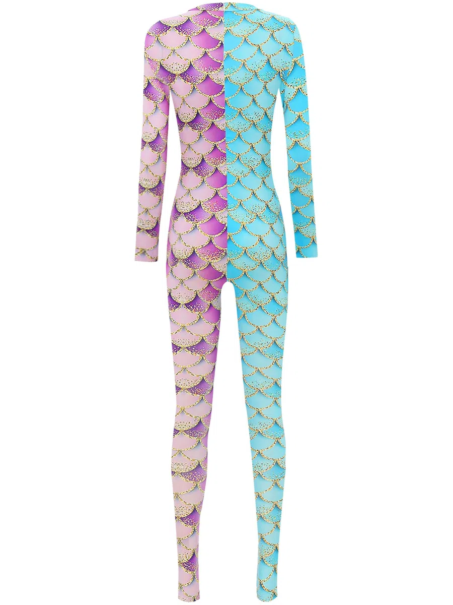 IEFIEL Damen Meerjungfrau Kostüm für Karneval Halloween Cosplay Faschingskostüm Langarm Ganzkörperanzug Ganzanzug Jumpsuit Gymnastikanzug