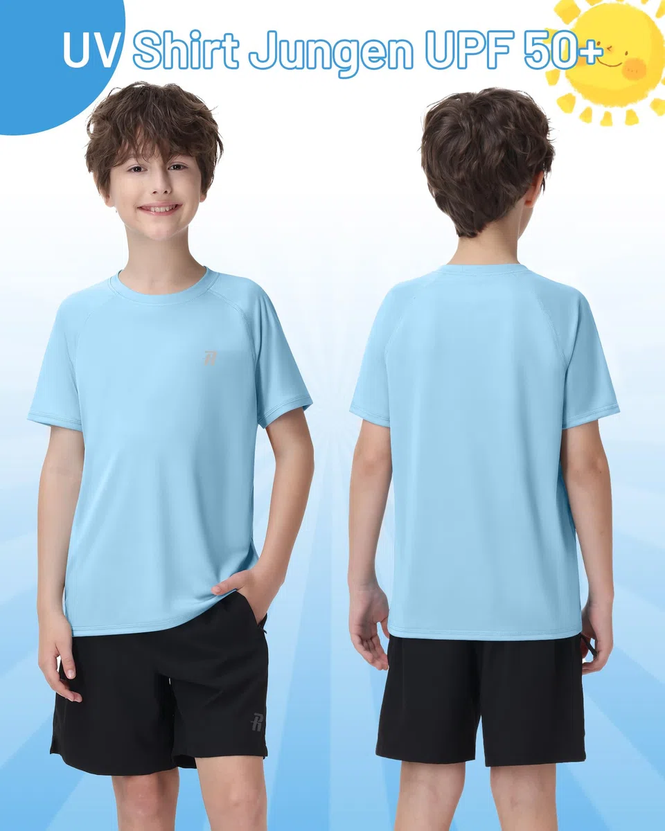 Runhit UPF 50+ UV Shirt Kinder Kurzarm, Atmungsaktives Badeshirt Schwimmshirt mit Rundhals, Schnelltrocknendes Rashguard Top für Strand Wassersport Outdoor