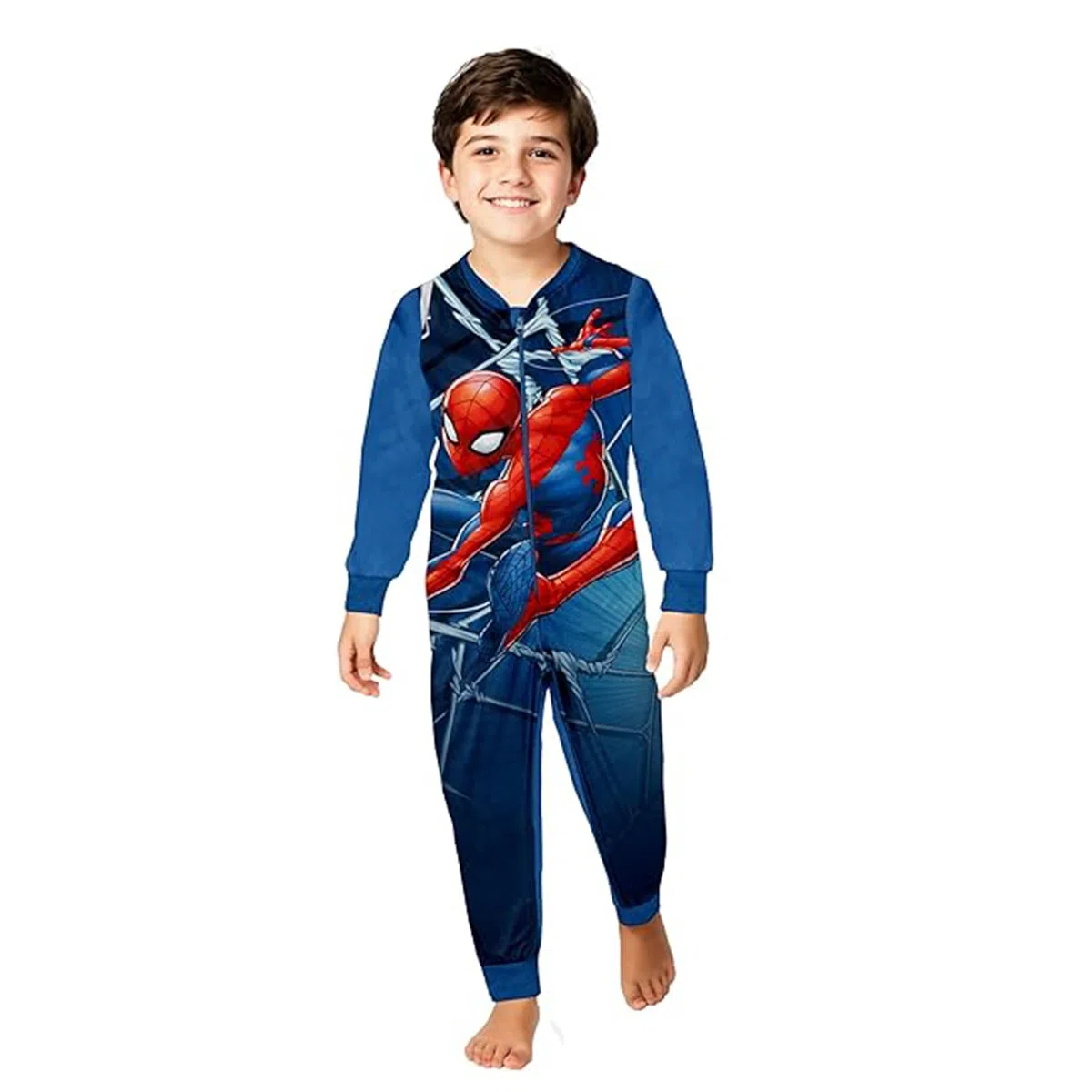 United Labels Marvel Spiderman Jumpsuit für Jungen, Blau, Fleece Overall Langarm, Einteiler Schlafanzug, Kuschelanzug für Kinder