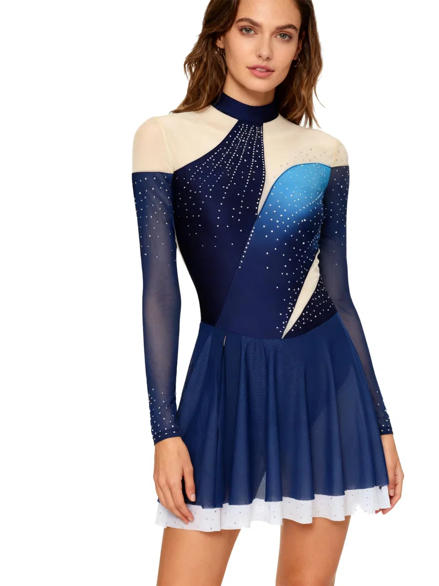 Eiskunstlauf Kleid Damen Glitzernde Kunstlaufkleider Mit Strass Lange Ärmel Eistanz Gymnastikanzug Wettkampf Show