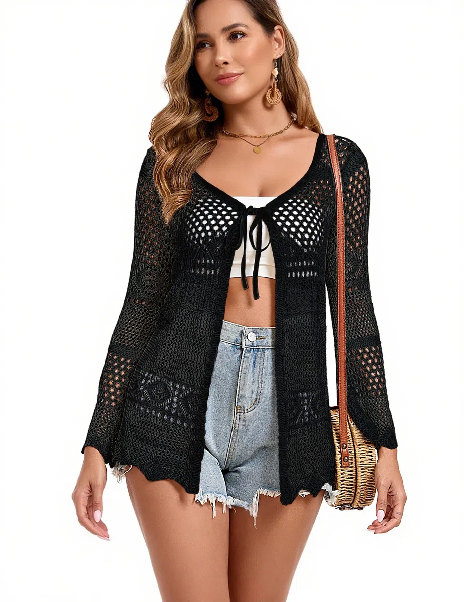 Damen Lange Strickjacke V Ausschnitt Cardigan mit Lochmuster Bindeband Leicht Luftig Häkeljacke Bikini Cover Up