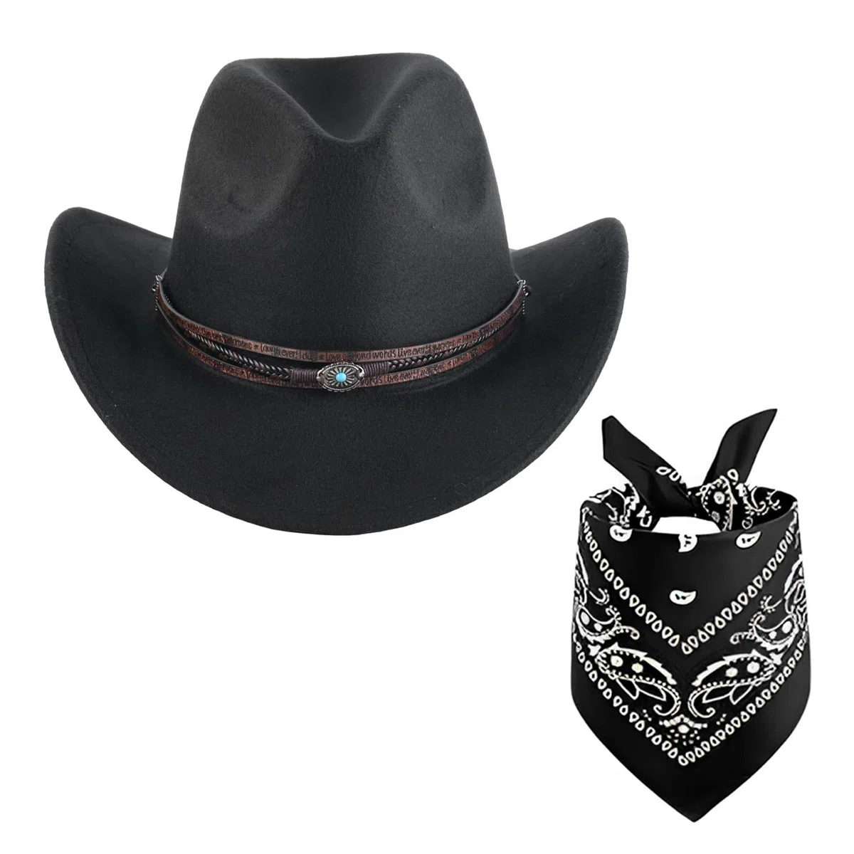 Zweiteiliges Set aus Cowboyhut und Kopftuch für Damen und Herren, Vintage-Cowboy-Accessoires, Outdoor-Hut mit breiter Krempe, ideal für Partys. Das Set enthält einen Vintage-Cowboyhut und ein Kopftuch