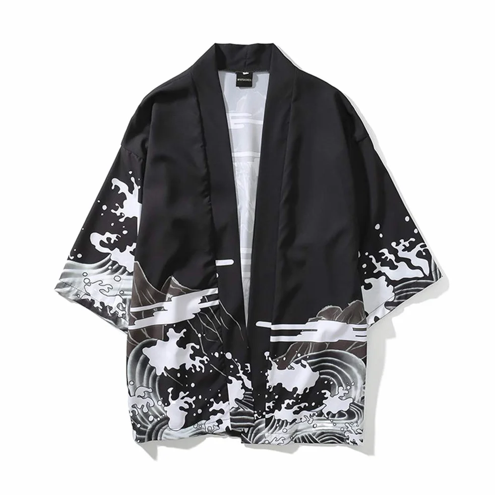 Herren Kimono Jacke Neutral Retro Muster Kranich Design Lose Ärmel Baumwolle Shirt Top