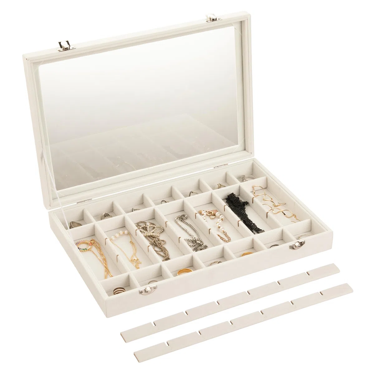 Frebeauty Samt Schmucktablett 35 Gitter Schmuck Organizer mit durchsichtigem Deckel Transparenter Ohrring Organizer Halter Fall für Ringe Ohrstecker Geschenk für Frauen Mädchen (Beige 35 Gitter)