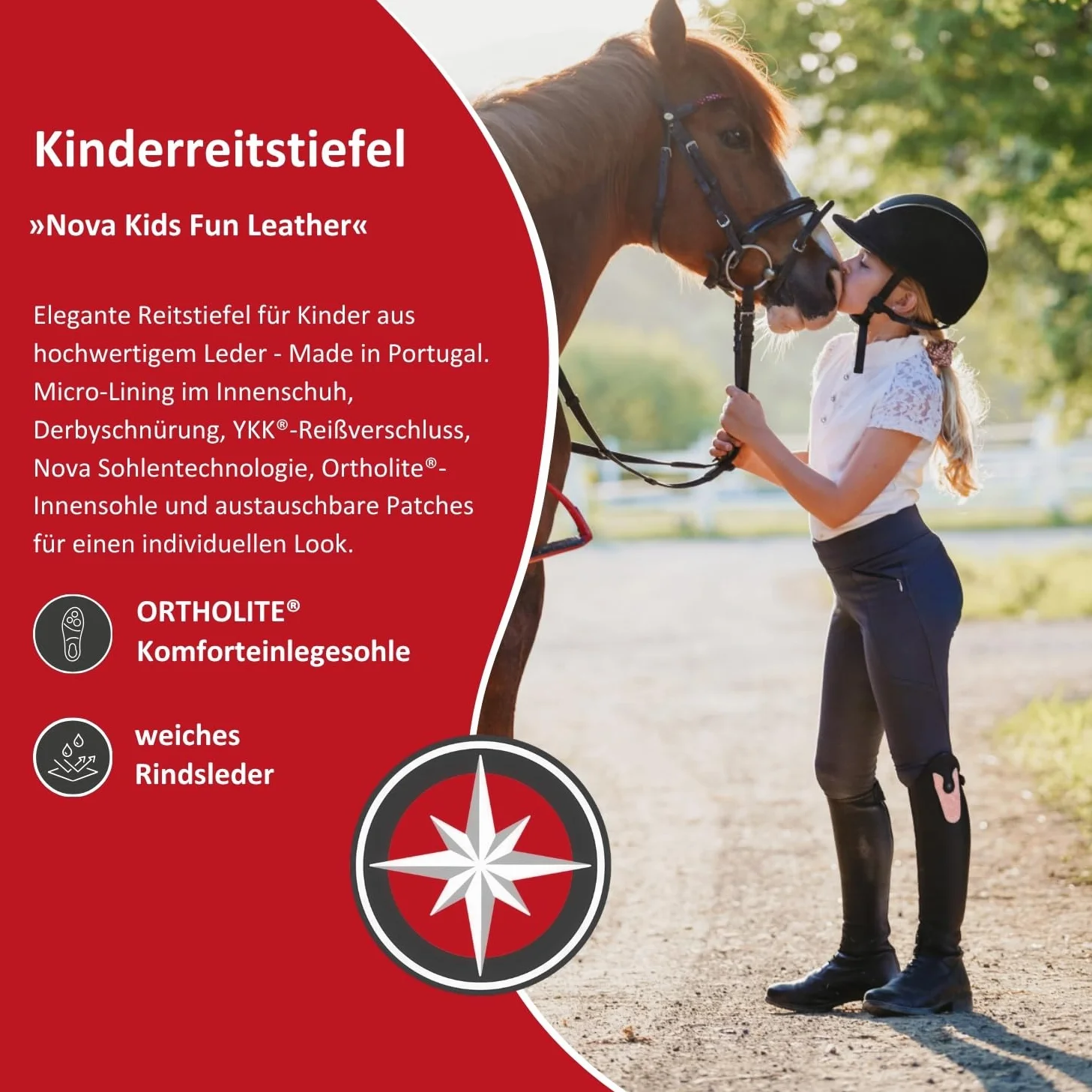 SUEDWIND FOOTWEAR Kinder-Reitstiefel aus Leder Nova Kids Fun Leather – Stiefel zum Reiten – Derby-Schnürung, Reißverschluss, Komfort-Innensohle & auswechselbare Patches – schwarz – 35-41