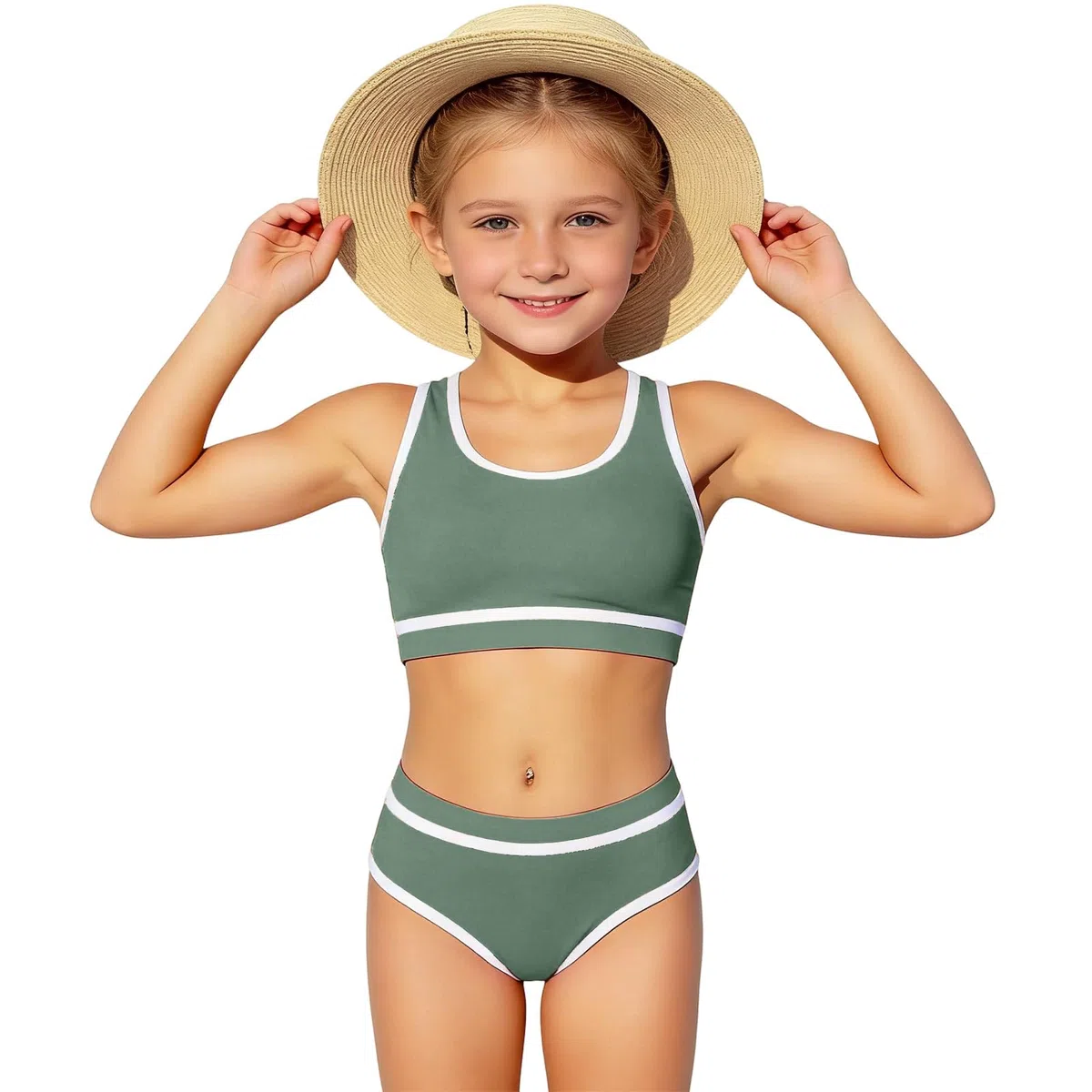 Mädchen Sport Bikini Set mit Kontrastdetails, Rundhals Badeanzug für Kinder, Schwimmanzug für Schule und Strand