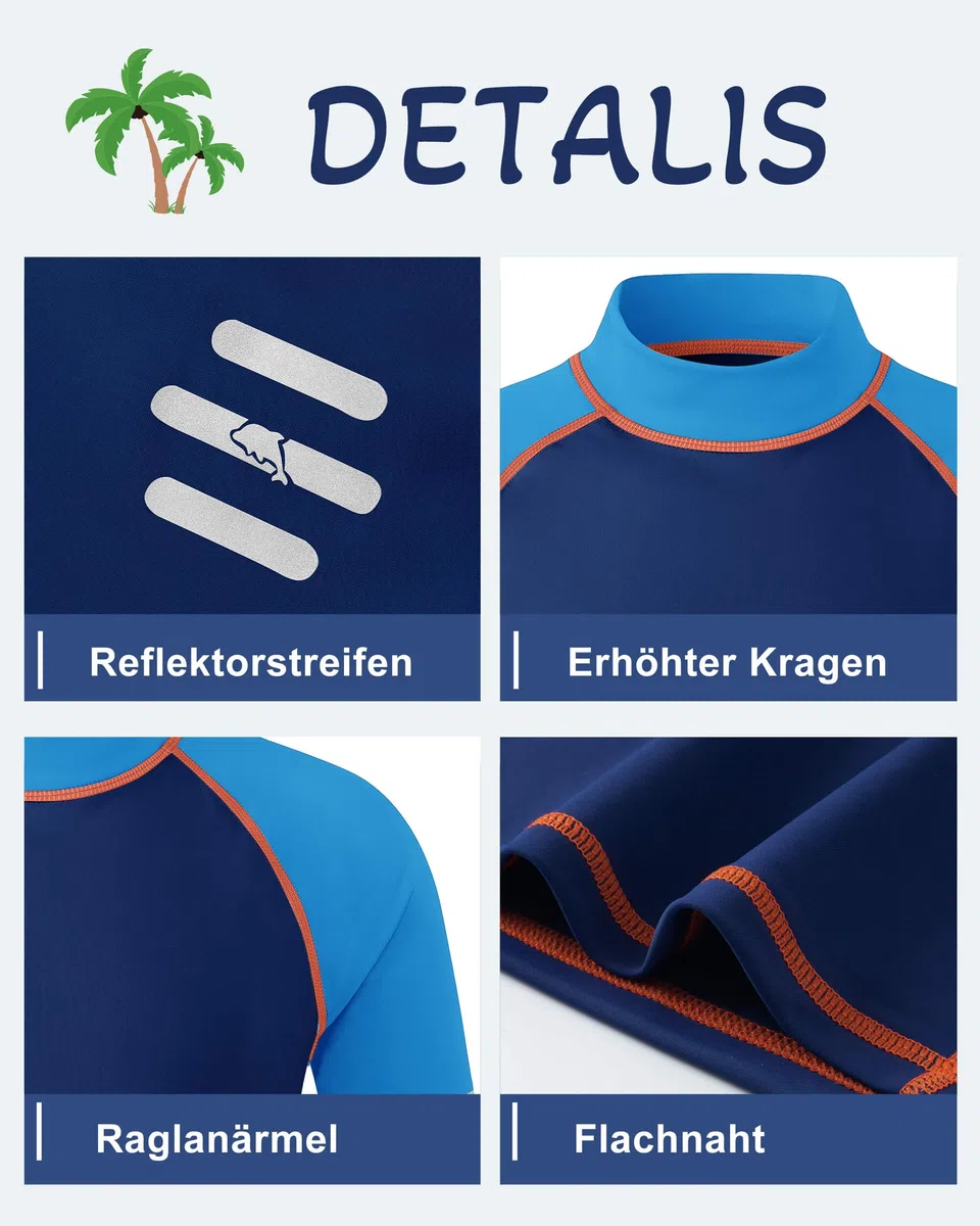Kinder UV Shirt Langarm mit Reflektorstreifen Jungen Mädchen Badeshirt UPF 50+ Sonnenschutz Schwimmshirt Rashguard Schnelltrocknend Chlorresistent 5-14 Jahre