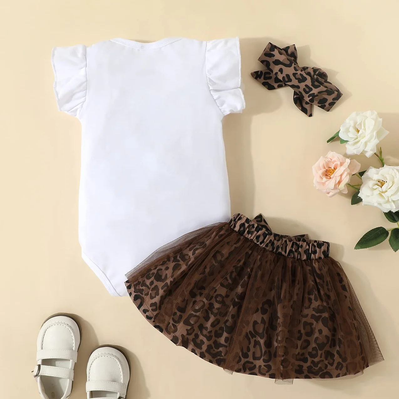 Baby Kleidung Mädchen Sommer Outfit, T-Shirt Rüschen Kurzarm Top + Leopardenmuster Netz Rock + Stirnband 3tlg Neugeborenen Set Bekleidungsset Babykleidung Set für 0-24 Monate