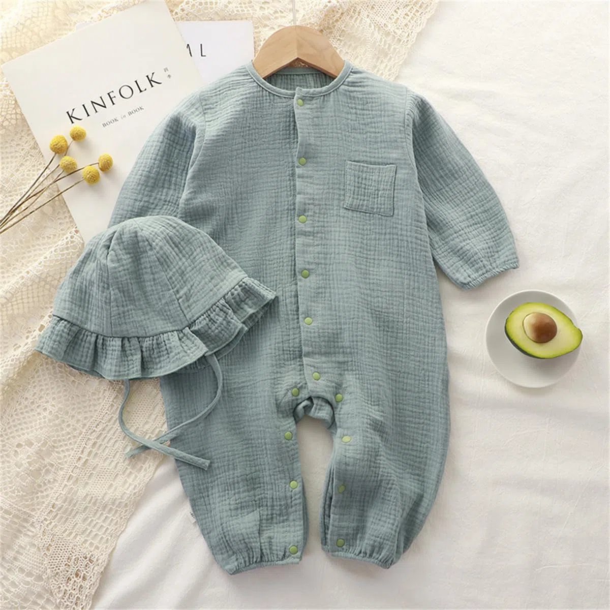 Neugeborenen Baby Jungen Mädchen Baumwolle Leinen Strampler Sommer Musselin Langarm Bodys Kleinkind Einteiliger Jumpsuit Overall mit Beanie Hut Baby Onesie Outfit 0-24 Monate