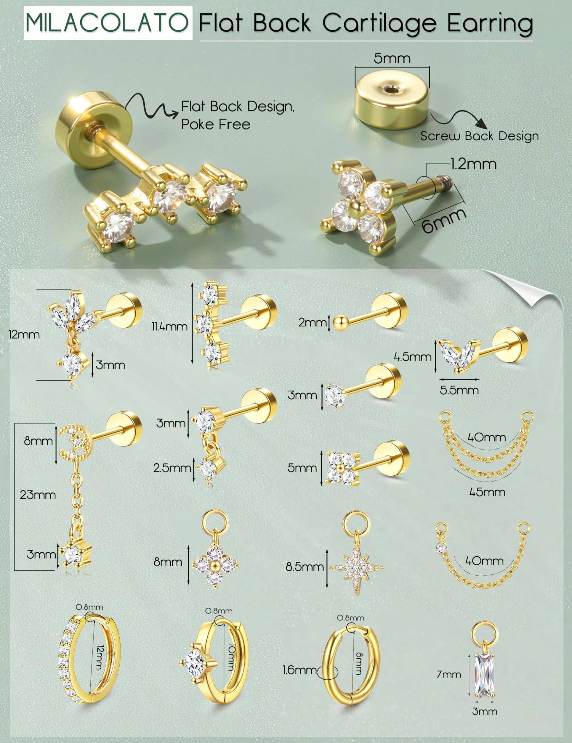 MILACOLATO Helix Piercings Chirurgenstahl Ohrringe Piercing Ohr Flatback Ohrstecker Hypoallergen Klein Knorpel Ohrringe Creolen Gold Wasserfest Rook Tragus Conch Piercing Silber Gold