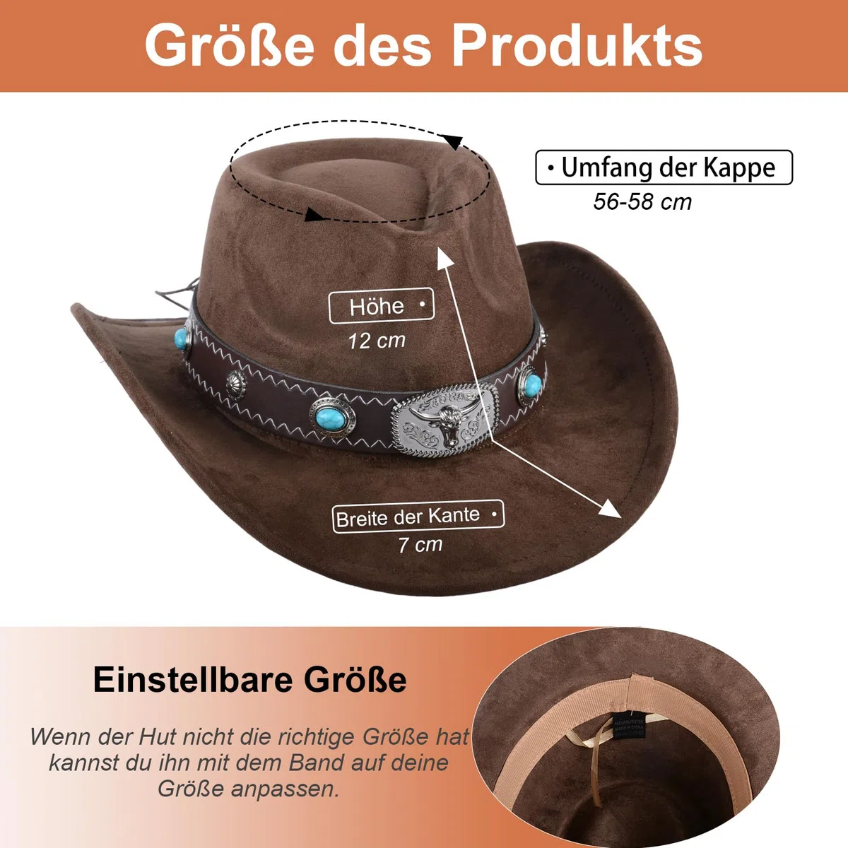 Cowboyhut für Damen & Herren | Atmungsaktiver Kunstvelourshut mit verstellbarem Innenband (56-58cm) | Western Style mit 7cm Krempe für Outdoor