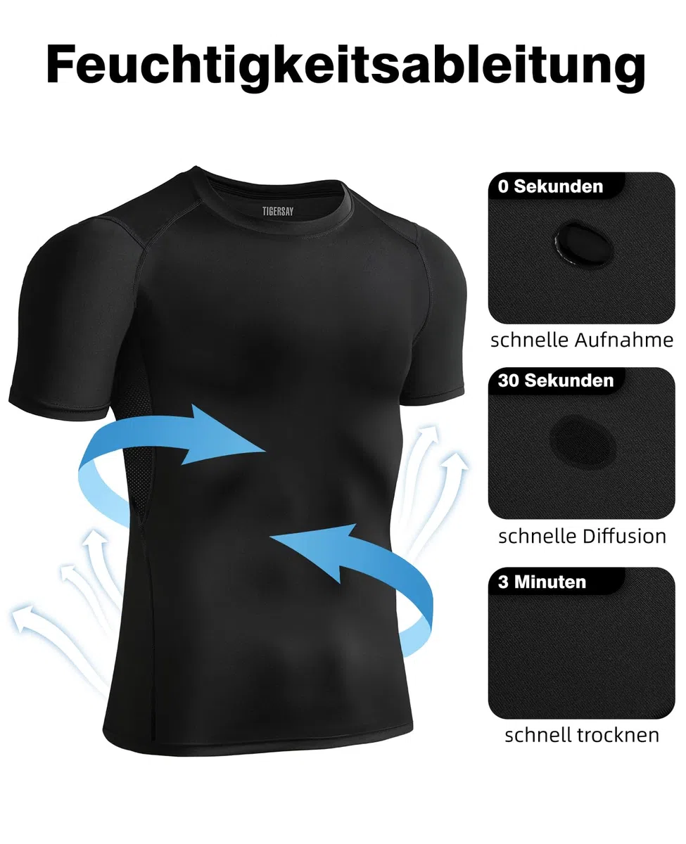 Kompressionsshirt Herren Kurzarm，Funktionsshirt Atmungsaktiv Compression T-Shirt Schnelltrocknend Sportshirt Baselayer für Fitness Laufen Gym