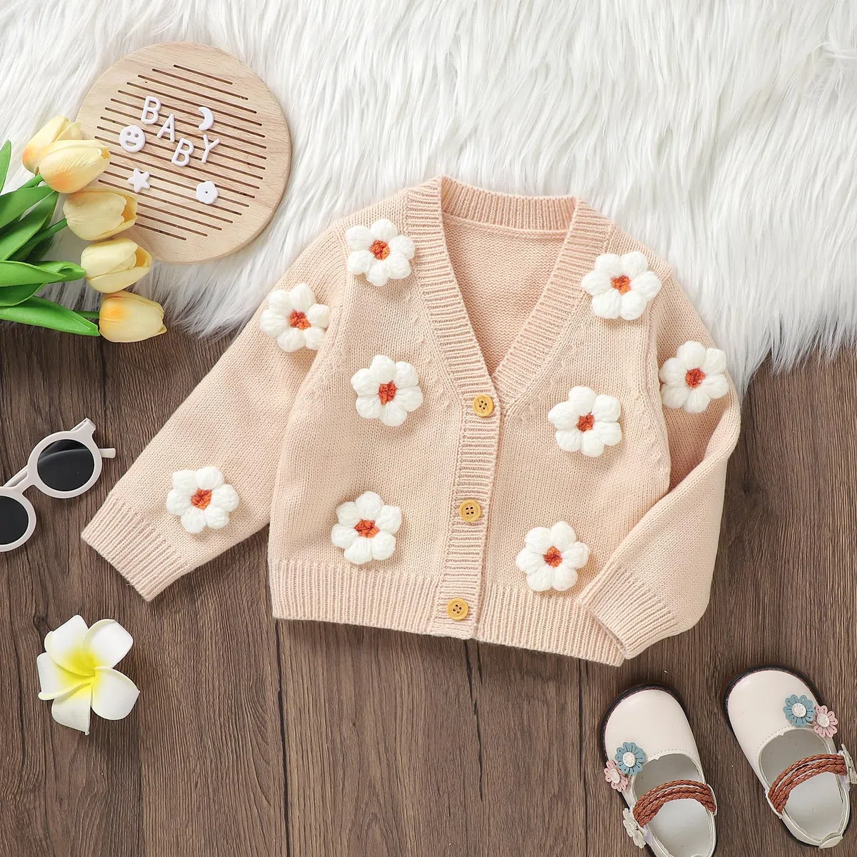 Qianderer Strickjacke für Babys, Kleinkinder, Mädchen, Blumenmuster, langärmelig, Pullover, Mäntel, Strickkleidung, warme Herbst-Winter-Outfits