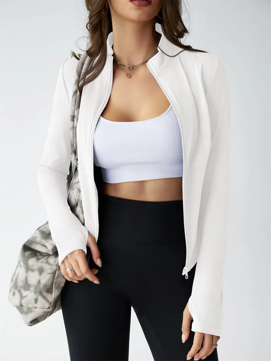 Fisoew Damen Laufjacke Langarm Zip Up Slim Sportjacke UPF 50+ Leichte Trainningsjacke Yoga Gym Fitness Tops mit Daumenloch