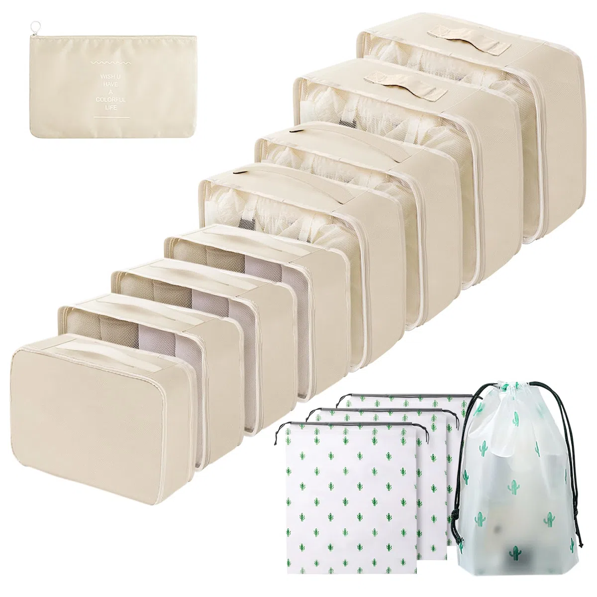 Koffer Organizer Set 13-teilig, Wasserdicht Packing Cubes, Multifunktionale Travel Packwürfel, Kofferorganizer Packtaschen für Koffer, Reise Organizer Set Mit Kleidertaschen (Beige)