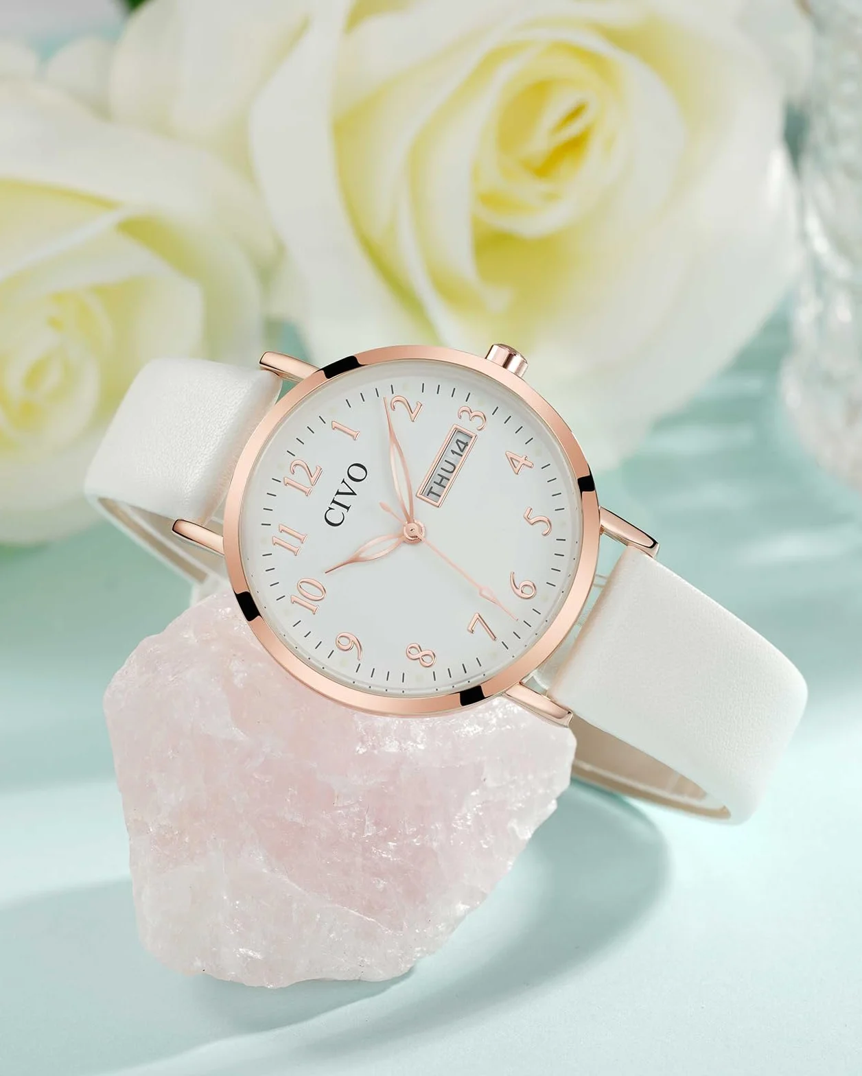CIVO Leicht Lesbar Armbanduhr Damen: Klares Zifferblatt mit Zahlen Leuchtende Zeiger Datum - Analog Damenuhr Lederarmband für Casual Alltagskleidung Geschenke