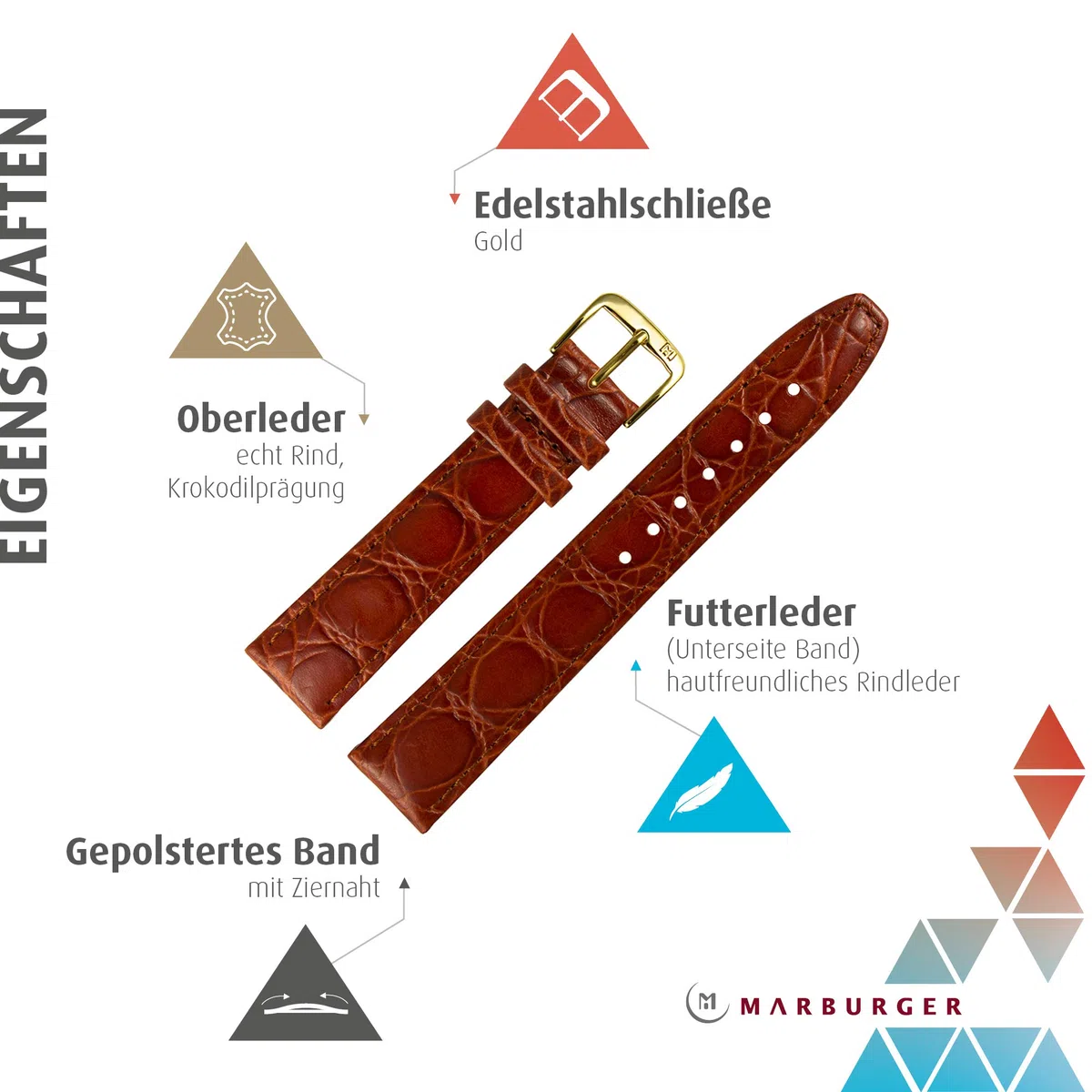 MARBURGER Uhrenarmband 14mm Leder Kroko (Caiman) Prägung Mit Naht - Werkzeug Montage Set 52914