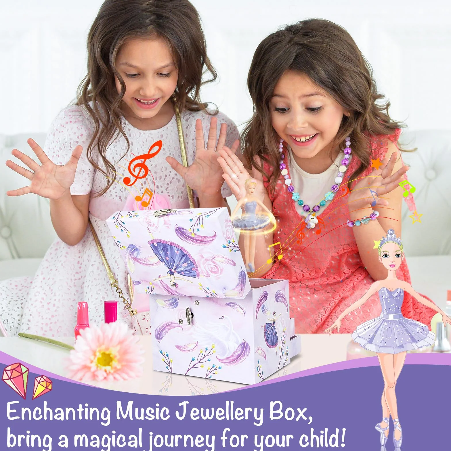 Ballerina Schmuckkästchen für Mädchen, Kinder Spieluhr mit drehender Ballerina, 2 Schubladen und Einhorn Schmuckset, Musikkästchen Geschenk für Kinder Mädchen