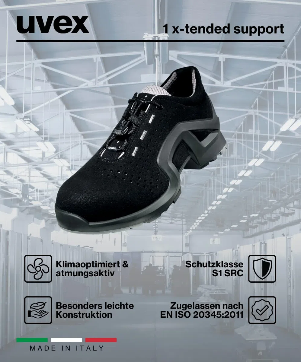 Uvex 1 x-tended Support Halbschuh, Sicherheitsschuhe S1 P SRC, Arbeitsschuhe für Damen & Herren, Schwarz/Lime