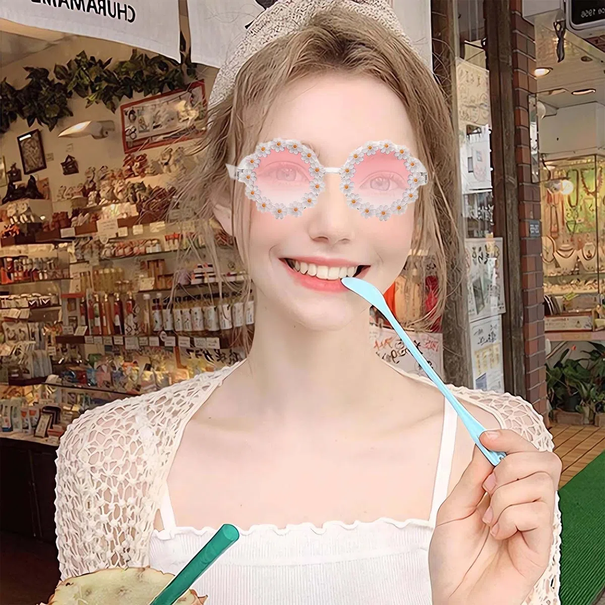 SoundZero 2 Sonnenbrillen Gänseblümchen, Party-Sonnenbrille, Urlaubssonnenbrille, runde Sonnenbrille, Blumendekoration, polarisierte Sonnenbrille, lustige Brille, für Erwachsene, Strand