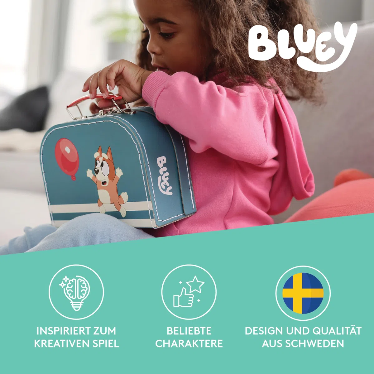Micki Bluey-Kinderkoffer aus Pappe – Langlebiger und strapazierfähiger Kinderkoffer, 20 cm, leichtes und farbenfrohes Design, perfekt für Vorschule und Reisen, mit beliebten Bluey-Figuren, 65000200
