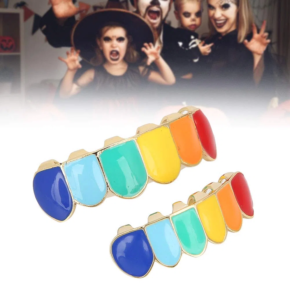 Hip Hop GrillzTeeth, coole, praktische, mehrfarbige Grillz-Zähne aus Messing, umweltfreundlich für Damen Herren(Farbenfroher goldener Anzug)