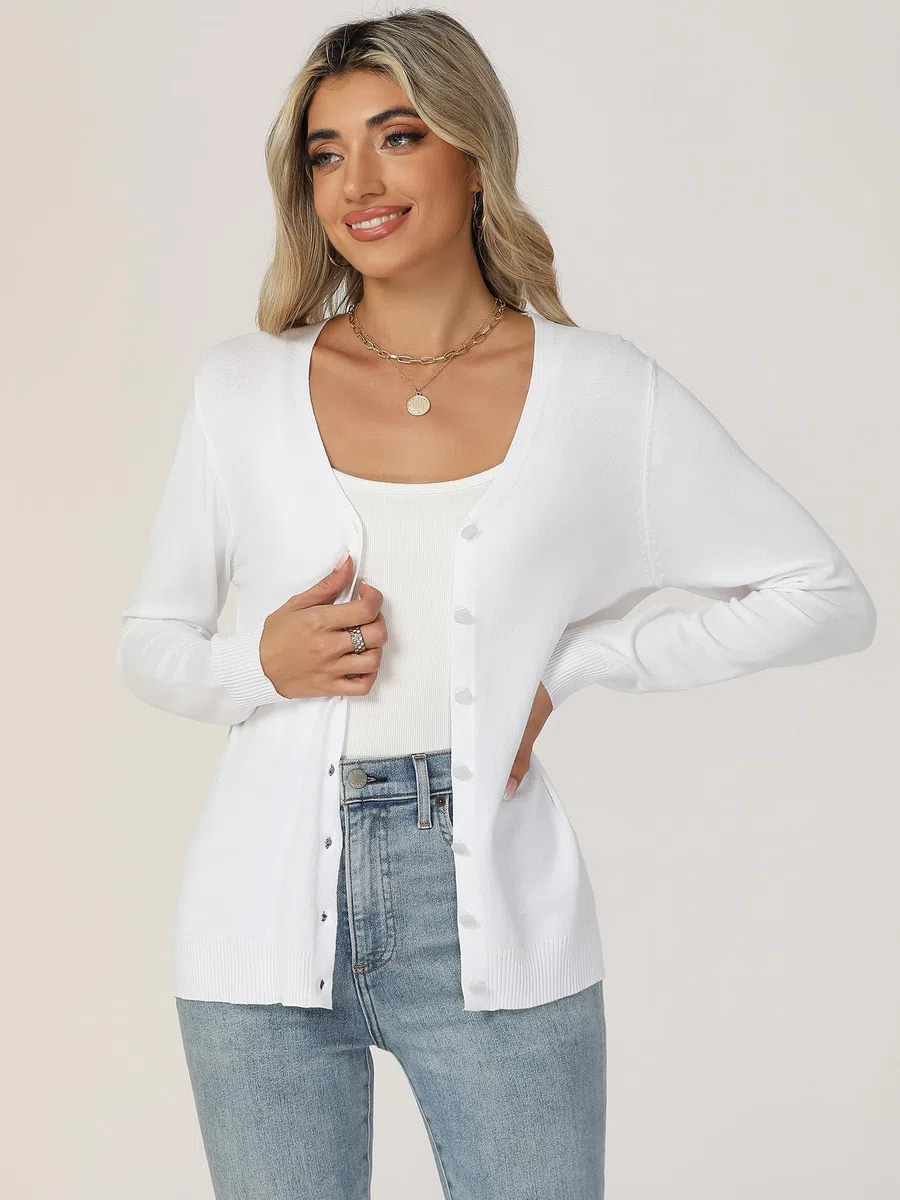 Strickjacke Damen V Ausschnitt mit Knöpfen Cardigan Langarm Leichte Elegante Dünn Sweater Pullover