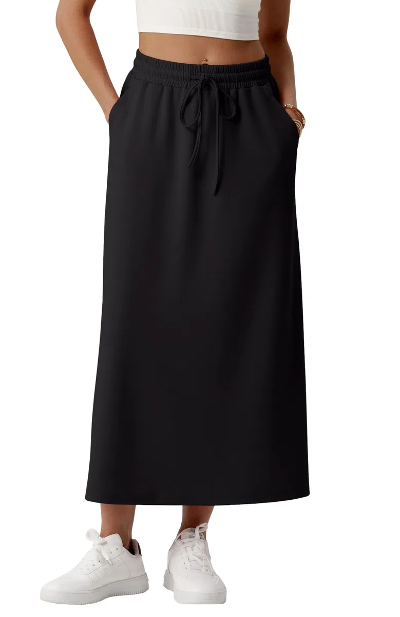 GRECERELLE Rock Damen mit Taschen Elastischer Bund Maxirock Damen Lang A-Linie Sommerrock Damen Midi aus Modal-Mix Casual Rock für Alltag & Urlaub