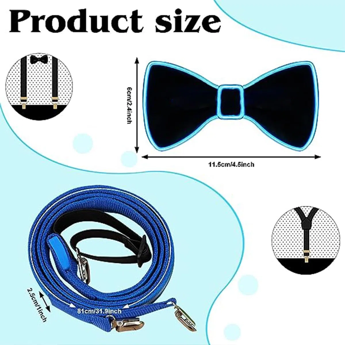 YeahBoom Leuchtende Herren-LED-Hosenträger und Fliege, LED-Leucht-Hosenträger, Verdrahtet Neon Rave Brille, für Musik Festival, Weihnachten, Neon-leuchtendes dunkle Party Supplies für Party deko