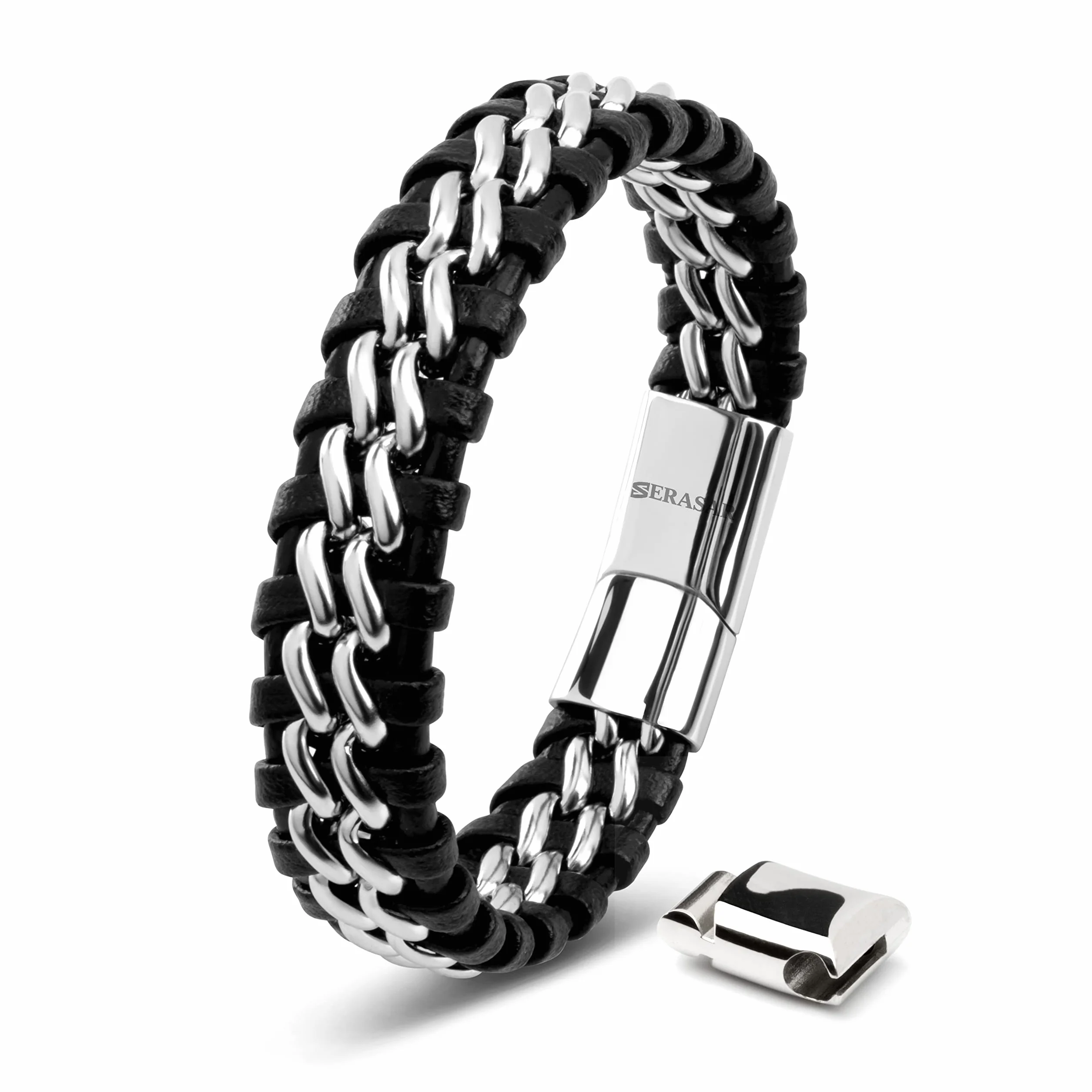 SERASAR Premium Echtlederarmband für Männer [Steel] in Schwarz | Magnetverschluss aus Edelstahl in Schwarz, Silber & Gold | Inklusive Schmuckschachtel | Tolle Geschenkidee